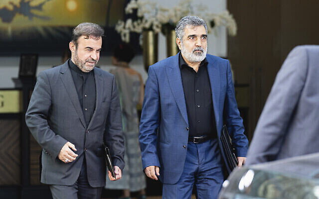 تصویر: «رضا نجفی» معاون وزیر خارجهٔ ایران، چپ، و «بهروز کمالوندی» سخنگوی سازمان انرژی اتمی ایران، حین خروج از کاخ کوبورگ، محل مذاکرات هسته ای پشت درهای بسته در وین، ۵ اوت ۲۰۲۲.
(AP/Florian Schroetter) تصویر: «رضا نجفی» معاون وزیر خارجهٔ ایران، چپ، و «بهروز کمالوندی» سخنگوی سازمان انرژی اتمی ایران، حین خروج از کاخ کوبورگ، محل مذاکرات هسته ای پشت درهای بسته در وین، ۵ اوت ۲۰۲۲.
(AP/Florian Schroetter)
