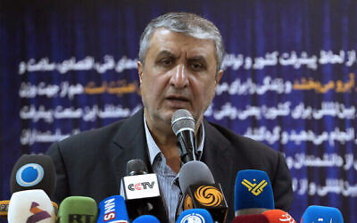 تصویر: محمد اسلامی، رئیس سازمان انرژی اتمی ایران، حین گفتگو در کنفرانس خبری پس از رونمایی از داروهای هسته-ای تولید داخلی در نمایشگاه دستاوردهای هسته-ای کشور، تهران، ایران، ۱۲ دسامبر ۲۰۲۳. (AP Photo/Vahid Salemi) تصویر: محمد اسلامی، رئیس سازمان انرژی اتمی ایران، حین گفتگو در کنفرانس خبری پس از رونمایی از داروهای هسته-ای تولید داخلی در نمایشگاه دستاوردهای هسته-ای کشور، تهران، ایران، ۱۲ دسامبر ۲۰۲۳. (AP Photo/Vahid Salemi)