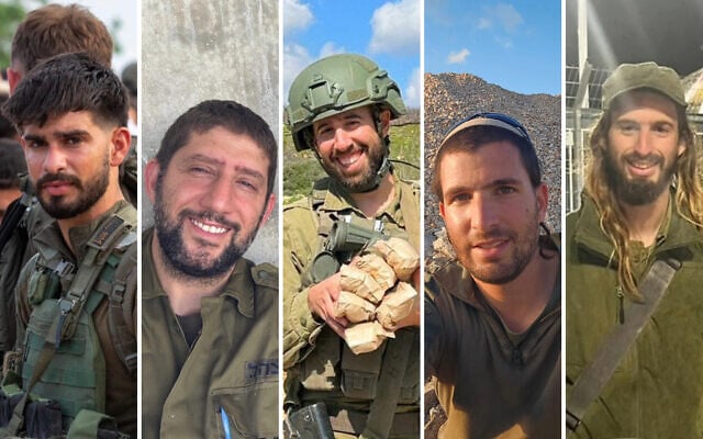 شرح عکس: سربازانی که در ۲۳ اکتبر۲۰۲۴ طی نبرد در جنوب لبنان کشته شدند؛ از چپ به راست: گروهبان یکم گای بن-هاروش؛ افسر ضمانتی (ذخیر) مردخای حیم آمویال؛ سرگرد (ذخیره) شموئل حراری؛ سرگروهبان (ذخیره) شلومو آویاد نایمن؛ و گروهبان یکم (ذخیره) شوائل بن-ناتان. شرح عکس: سربازانی که در ۲۳ اکتبر۲۰۲۴ طی نبرد در جنوب لبنان کشته شدند؛ از چپ به راست: گروهبان یکم گای بن-هاروش؛ افسر ضمانتی (ذخیر) مردخای حیم آمویال؛ سرگرد (ذخیره) شموئل حراری؛ سرگروهبان (ذخیره) شلومو آویاد نایمن؛ و گروهبان یکم (ذخیره) شوائل بن-ناتان.