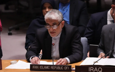 شرح عکس: آرشیو – امیرسعید ایروانی سفیر ایران در سازمان ملل حین سخن در جلسهٔ شورای امنیت راجع به وضعیت خاورمیانه در مقر سازمان ملل، ۲ اکتبر ۲۰۲۴، نیویورک. (Bryan R. SMITH / AFP)