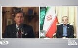 شرح عکس: تاکر کارلسون مفسَر آمریکایی (چپ)، حین گفتگو با مسعود پزشکیان رئیس جمهوری ایران در مصاحبه ای که روز ۷ ژوئیهٔ ۲۰۲۵ منتشر شد. (Tucker Carlson Show screenshot)