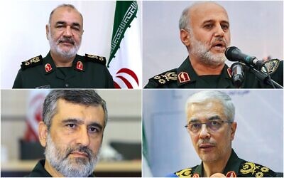 شرح عکس: بالا (از چپ به راست): حسین سلامی فرمانده هلاکت یافتۀ سپاه پاسداران انقلاب اسلامی؛  غلام علی رشید، فرمانده قبلی قرارگاه مرکزی خاتم الانبیاء؛‌ پایین: (چپ به راست): امیر علی حاجی زاده فرمانده نیروی هوا-فضای سپاه پاسداران انقلاب اسلامی؛ محمد حسین باقری فرمانده نیروهای مسلح ایران. همه در حمله های هوایی اسرائیل به ایران در ۱۳ ژوئن ۲۰۲۵ کشته شدند. (IRGC; Tasnim News; Courtesy)