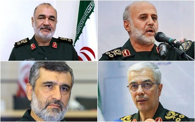 شرح عکس: بالا (از چپ به راست): حسین سلامی فرمانده هلاکت یافتۀ سپاه پاسداران انقلاب اسلامی؛ غلام علی رشید، فرمانده قبلی قرارگاه مرکزی خاتم الانبیاء؛ پایین: (چپ به راست): امیر علی حاجی زاده فرمانده نیروی هوا-فضای سپاه پاسداران انقلاب اسلامی؛ محمد حسین باقری فرمانده نیروهای مسلح ایران. همه در حمله های هوایی اسرائیل به ایران در ۱۳ ژوئن ۲۰۲۵ کشته شدند. (IRGC; Tasnim News; Courtesy) شرح عکس: بالا (از چپ به راست): حسین سلامی فرمانده هلاکت یافتۀ سپاه پاسداران انقلاب اسلامی؛ غلام علی رشید، فرمانده قبلی قرارگاه مرکزی خاتم الانبیاء؛ پایین: (چپ به راست): امیر علی حاجی زاده فرمانده نیروی هوا-فضای سپاه پاسداران انقلاب اسلامی؛ محمد حسین باقری فرمانده نیروهای مسلح ایران. همه در حمله های هوایی اسرائیل به ایران در ۱۳ ژوئن ۲۰۲۵ کشته شدند. (IRGC; Tasnim News; Courtesy)