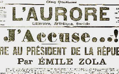 La lettre "J'accuse" d'Emile Zola, publiée en 1898 dans L'Aurore. (Crédit : WikiCommons)