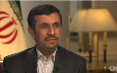 Mahmoud Ahmadinejad en septembre 2012 (Crédit : capture d'écran YouTube/CNN)