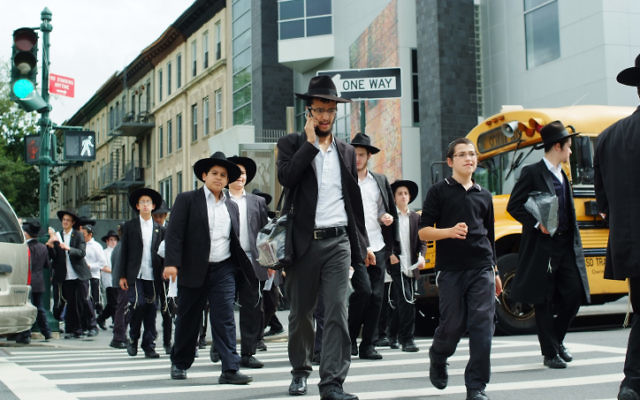 Juifs ultra-orthodoxes dans le quartier de Brooklyn, à New-York (photo illustrative : Mendy Hechtman/Flash90)