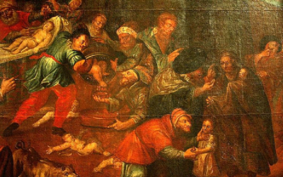 Détail d'une peinture représentant une accusation de meurtre rituel d'enfants chrétiens par des juifs, dans l'église Saint-Paul de Sandomierz, en Pologne. (Domaine public, Wikimedia Commons)