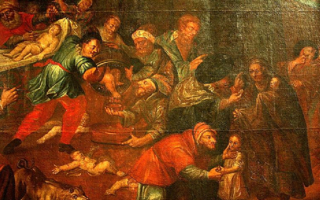 Détail d'une peinture représentant une accusation de meurtre rituel d'enfants chrétiens par des juifs, dans l'église Saint-Paul de Sandomierz, en Pologne. (Domaine public, Wikimedia Commons)