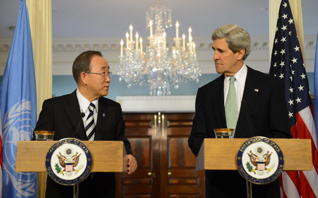John Kerry (droite) et Ban Ki-moon à Washington (photo credit: US State Department) John Kerry (droite) et Ban Ki-moon à Washington (photo credit: US State Department)