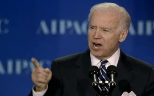 Joe Biden à l'AIPAC - 4 mars 2013 (Crédit : JLTV) Joe Biden à l'AIPAC - 4 mars 2013 (Crédit : JLTV)