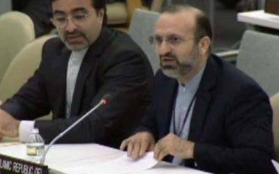 Khodadad Seifi, l'ambassadeur-adjoint iranien à l'ONU à l'Assemblée générale de l'ONU le 1er octobre 2013 (Crédit : capture d'écran UN webcast)