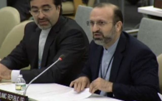 Khodadad Seifi, l'ambassadeur-adjoint iranien à l'ONU à l'Assemblée générale de l'ONU le 1er octobre 2013 (Crédit : capture d'écran UN webcast) Khodadad Seifi, l'ambassadeur-adjoint iranien à l'ONU à l'Assemblée générale de l'ONU le 1er octobre 2013 (Crédit : capture d'écran UN webcast)