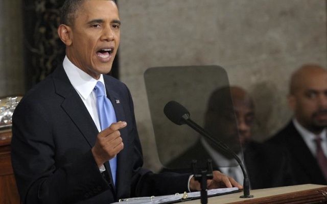Le président américain Barack Obama lors de son discours sur l'état de l'Union, le 28 janvier 2014 au Capitole, à Washington (Crédit : AFP/Saul Loeb)