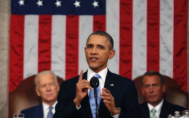 Barack Obama lors de son discours sur l'état de l'Union, le 28 janvier 2014 au Capitole, à Washington 
(Crédit : Pool/AFP Larry Downing)