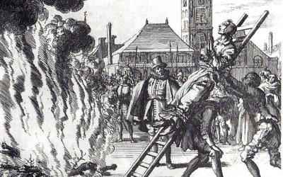 Exécution d'Anne Hendricks à Amsterdam, 1571. Gravure du XVIe siècle. (Crédit : Jan Luyken, domaine public)
