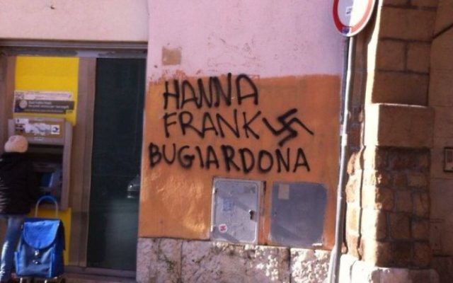Un graffiti antisémite dans le district de Rome, 25 janvier 2014. (Crédit : Yuri Bugli/Facebook) Un graffiti antisémite dans le district de Rome, 25 janvier 2014. (Crédit : Yuri Bugli/Facebook)