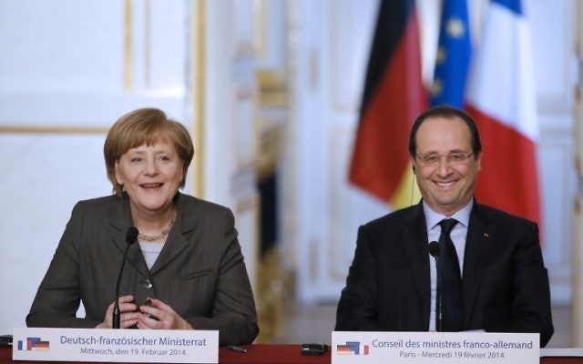 La chancelière allemande, Angela Merkel, et le président français, François Hollande. (Crédit : AFP)
