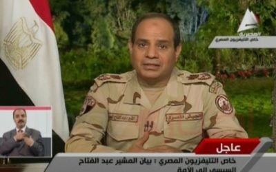 Abdul Fatah Al-Sissi, le 26 mars 2014 (Crédit : capture d'écran Al-MasriyaTV/AFP)