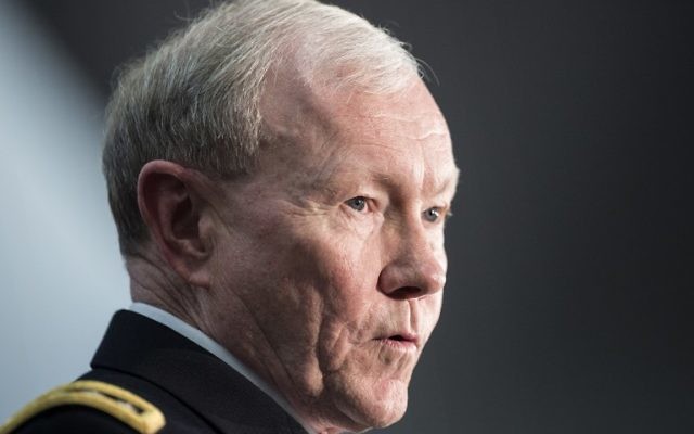 Le général Martin Dempsey, 28 mars 2014 (Crédit : Brendan Smialowski/AFP Photo) Le général Martin Dempsey, 28 mars 2014 (Crédit : Brendan Smialowski/AFP Photo)