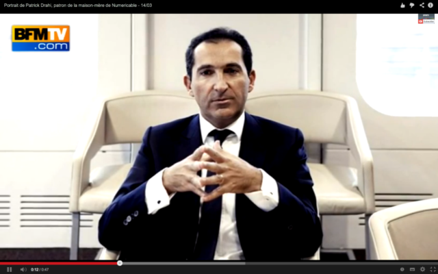 Patrick Drahi, président de la chaîne d'information i24News. (Crédit : capture d'écran YouTube/BFM) Patrick Drahi, président de la chaîne d'information i24News. (Crédit : capture d'écran YouTube/BFM)