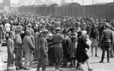 Juifs hongrois sur la Judenrampe (rampe juive) après le débarquement des trains à Auschwitz-Birkenau, mai 1944. Vers la droite ! signifiait que la personne avait été choisie pour travailler ; Vers la gauche ! signifiait la mort dans les chambres à gaz. (Crédit : De l'album d'Auschwitz)