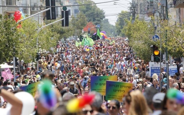 Des milliers de personnes assistent à la parade annuelle de la Gay pride à Tel Aviv (Crédit : Yonatan Sindel/Flash90)