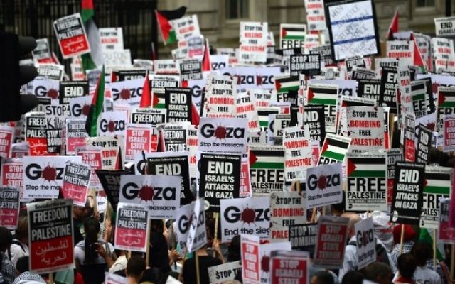 Des manifestants pro-palestiniens à Londres - 19 juillet 2014 (Crédit : AFP/Carl Court) Des manifestants pro-palestiniens à Londres - 19 juillet 2014 (Crédit : AFP/Carl Court)