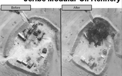 La raffinerie de Jeribe avant et après le bombardement de la coalition (Crédit : US department / AFP) La raffinerie de Jeribe avant et après le bombardement de la coalition (Crédit : US department / AFP)