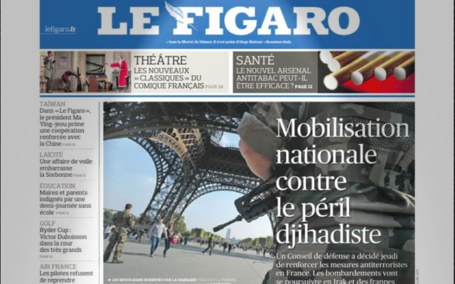Capture d’écran de la Une du Figaro du 26 septembre 2014 (Crédit : autorisation) Capture d’écran de la Une du Figaro du 26 septembre 2014 (Crédit : autorisation)
