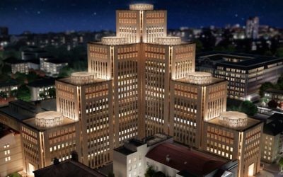 Un rendu du Centre Menorah à Dnepropetrovsk, Ukraine, qui serait le plus grand centre de la communauté juive en Europe. (Crédit : communauté juive de Dneproperovsk / JTA)