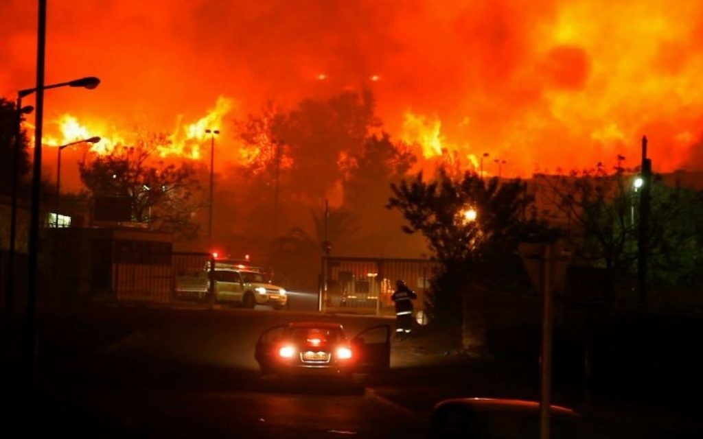 L'incendie du Carmel, pendant la période de Hanoukka en 2010 (Crédit : Autorisation de la production de Fierelines) L'incendie du Carmel, pendant la période de Hanoukka en 2010 (Crédit : Autorisation de la production de Fierelines)