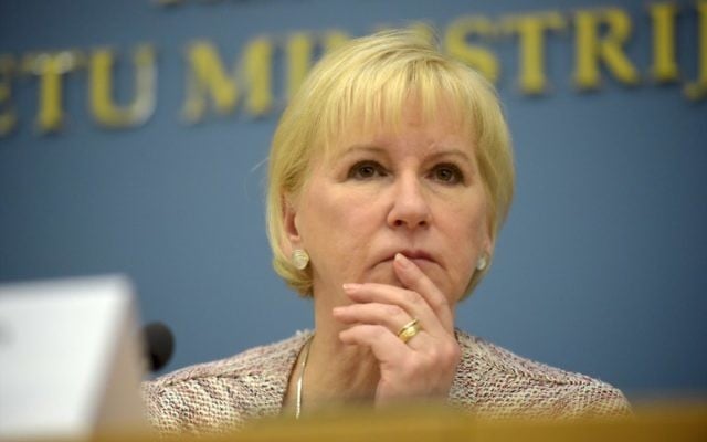 Margot Wallström, la ministre suédoise des Affaires étrangères à Riga le 23 janvier 2015 (Crédit : AFP / ILMARS ZNOTINS) Margot Wallström, la ministre suédoise des Affaires étrangères à Riga le 23 janvier 2015 (Crédit : AFP / ILMARS ZNOTINS)