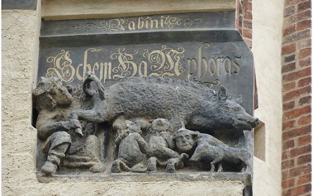 Cette gravure qui figure sur la façade de l'église de Martin Luther à Wittenberg, en Allemagne, représente des Juifs tétant le lait d'une truie. (Crédit : Toni L. Kamins)