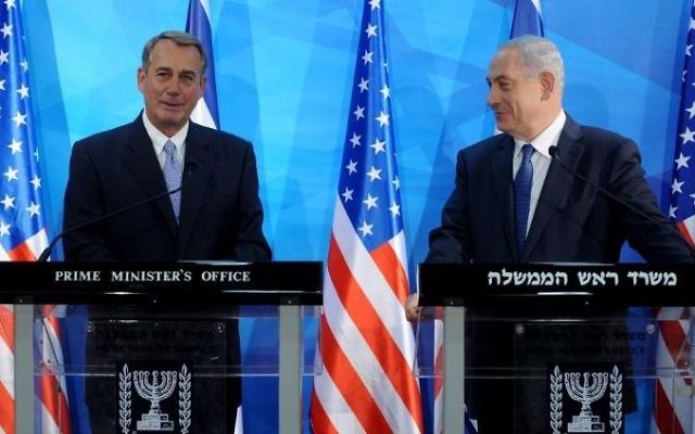 John Boehner et Benjamin Netanyahu  Jérusalem - 1er avril 2015  (Crédit : AFP)