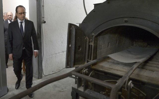 François Hollande à la cérémonie de commémoration de Struthof, le 26 avril 2015. (Crédit : Patrick Hertzog/Pool/AFP) François Hollande à la cérémonie de commémoration de Struthof, le 26 avril 2015. (Crédit : Patrick Hertzog/Pool/AFP)