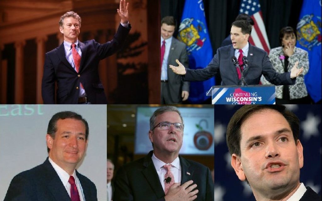 De gauche à droite (en partant du haut) : Rand Paul, Scott Walker, Marco Rubio, Jeb Bush et Ted Cruz (Crédit : JTA)
