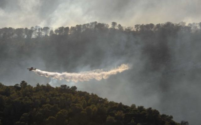 Photo d'un avion luttant contre les incendies en versant de l'eau sur un feu de forêt, le 3 décembre 2010 (Crédit : GILI Yaari / flash 90) Photo d'un avion luttant contre les incendies en versant de l'eau sur un feu de forêt, le 3 décembre 2010 (Crédit : GILI Yaari / flash 90)