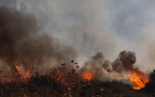 Un grand feu de broussailles fait rage près de Kfar Szold sur le plateau du Golan en raison de quatre missiles tirés depuis le côté syrien de la frontière israélo-syrienne le 20 août 2015 (Crédit photo: Basel Awidat / Flash90) Un grand feu de broussailles fait rage près de Kfar Szold sur le plateau du Golan en raison de quatre missiles tirés depuis le côté syrien de la frontière israélo-syrienne le 20 août 2015 (Crédit photo: Basel Awidat / Flash90)