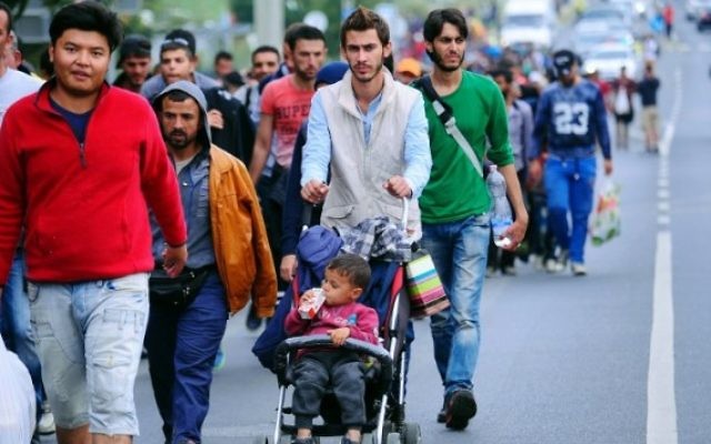 Un groupe de migrants sur la route principale près de Budaors, Hongrie - 5 Septembre 2015 pour rejoindre la frontière austro-hongroise. (Crédit : AFP / ATTILA KISBENEDEK) Un groupe de migrants sur la route principale près de Budaors, Hongrie - 5 Septembre 2015 pour rejoindre la frontière austro-hongroise. (Crédit : AFP / ATTILA KISBENEDEK)
