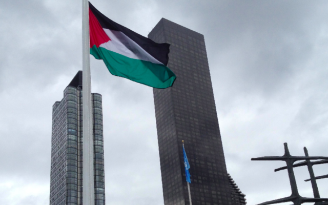 Le drapeau palestinien a été hissé au Rose Garden des Nations unies, le 30 septembre 2015. (Crédit : Raphael Ahren/Times of Israel) Le drapeau palestinien a été hissé au Rose Garden des Nations unies, le 30 septembre 2015. (Crédit : Raphael Ahren/Times of Israel)
