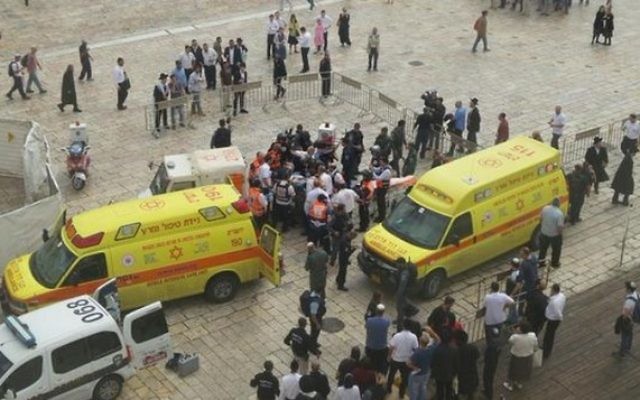Les ambulanciers et secouristes du Magen David Adom sur les lieux d'une attaque au couteau à Jérusalem le 7 octobre 2015 (Crédit : Magen David Adom) Les ambulanciers et secouristes du Magen David Adom sur les lieux d'une attaque au couteau à Jérusalem le 7 octobre 2015 (Crédit : Magen David Adom)