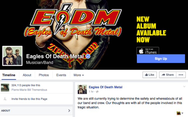 Capture d’écran de la page Facebook du groupe Eagles of Death Metal