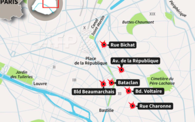 Capture d’écran de la carte de Paris et des attaques simultanées du 13 novembre 2015 (Crédit : AFP/Twitter) Capture d’écran de la carte de Paris et des attaques simultanées du 13 novembre 2015 (Crédit : AFP/Twitter)