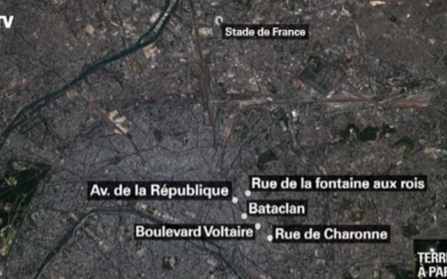 Capture d’écran de la carte de Paris et des attaques simultanées du 13 novembre 2015 (Crédit : BFMTV)