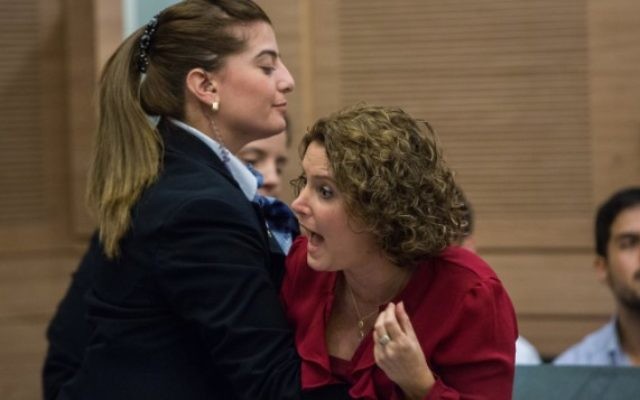 La députée Michal Rozin expulsée hors d'un débat sur l'organisation anti-assimilation "Lehava" lors de la réunion de la commission des affaires intérieures au parlement israélien, le 10 novembre 2015 (Crédit : Yonatan Sindel / FLASH90) La députée Michal Rozin expulsée hors d'un débat sur l'organisation anti-assimilation "Lehava" lors de la réunion de la commission des affaires intérieures au parlement israélien, le 10 novembre 2015 (Crédit : Yonatan Sindel / FLASH90)