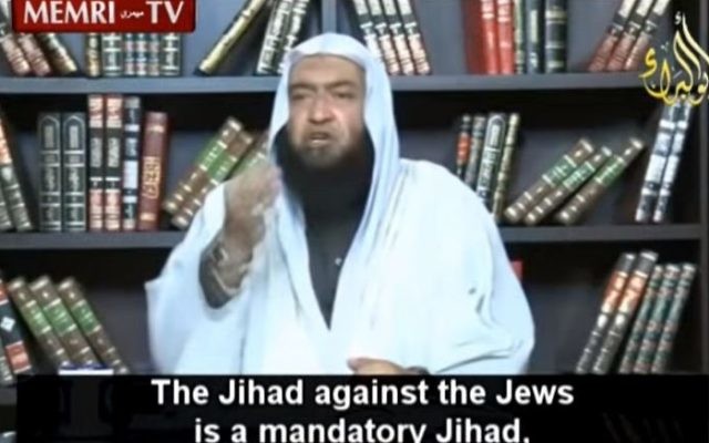 Un religieux basé à Amman, Abdullah el-Alawneh, émet une nouvelle décision sur le djihad musulman contre les Juifs, le 3 novembre 2015 (Crédit : Capture d'écran MEMRI)