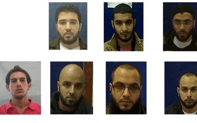 Les citoyens israéliens soupçonnés d'appartenir à  l'Etat islamique. Dans le sens d'une aiguille d'une montre d'en haut à droite: Adnan Ala a-Din, Alah Abou Salah, Fadi Bashir, Khaled Abou Salah, Muhammad Abu Salah, Husam Marisat, et Karim Abou Salah (Crédit : Shin Bet)