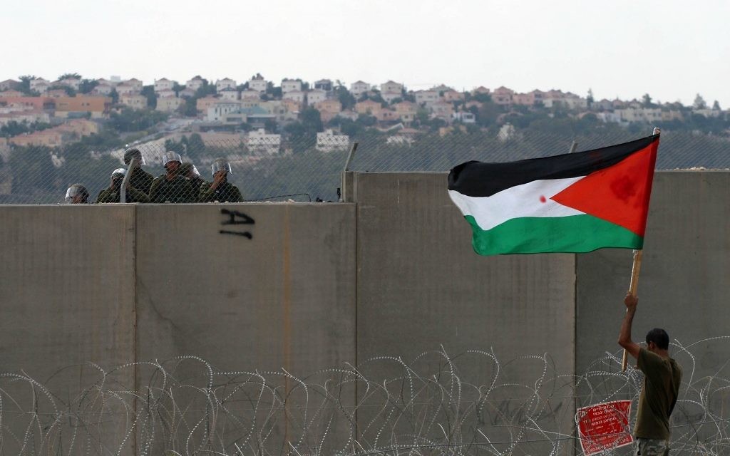 Un manifestant palestinien tient un drapeau, près de la clôture de sécurité à Bilin, en septembre 2011 (Crédit : Issam Rimawi/Flash90)