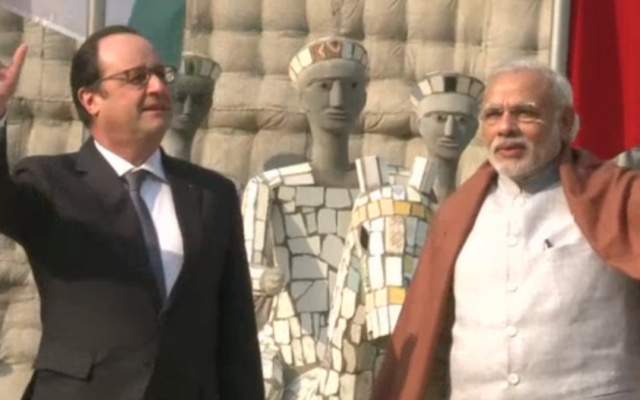 François Hollande rencontre Narendra Modi dans le nord de l'Inde, le 25 janvier 2016 (Crédit : Capture d’écran AFP)