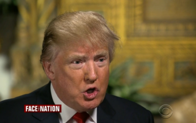 Le candidat à l'investiture républicaine Donald Trump lors de l'émission de CBS "Face the Nation" le 3 janvier 2016 (Crédit : Capture d'écran CBS) Le candidat à l'investiture républicaine Donald Trump lors de l'émission de CBS "Face the Nation" le 3 janvier 2016 (Crédit : Capture d'écran CBS)